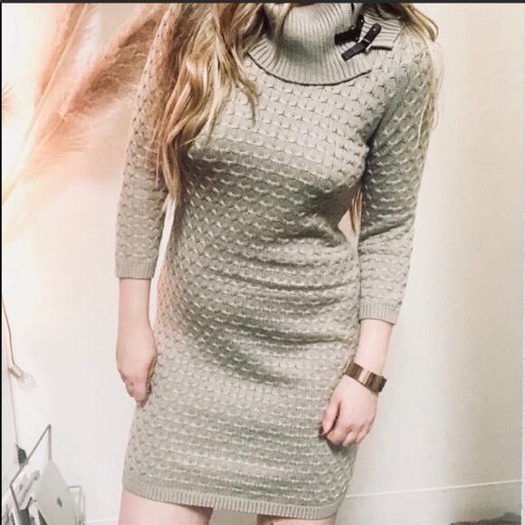 NEW Calvin Klein Tan Cream Leather Buckle Cowl Neck Bodycon Sweater Mini Dress M - Picture 2 of 10